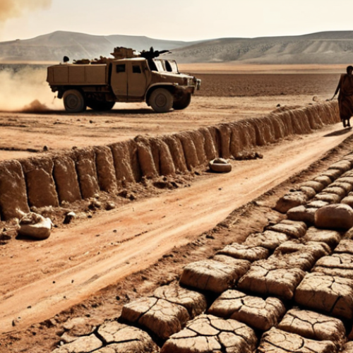 Home 4 **Image Prompt:** A parched landscape in Southeastern Anatolia, cracked earth under a blazing sun, with desperate villagers queuing for water rations. In the background, a modern military vehicle patrols, symbolizing water wars fueled by climate change. Dramatic, dystopian, earthy tones.