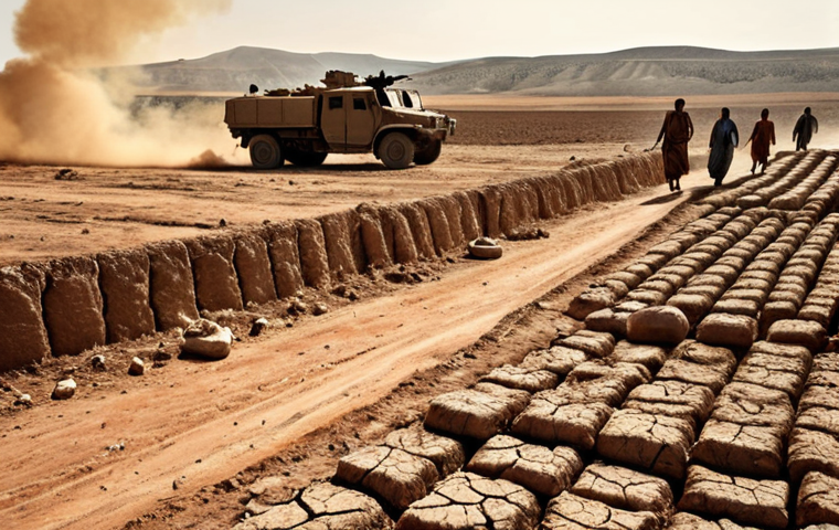 **Image Prompt:** A parched landscape in Southeastern Anatolia, cracked earth under a blazing sun, with desperate villagers queuing for water rations. In the background, a modern military vehicle patrols, symbolizing water wars fueled by climate change. Dramatic, dystopian, earthy tones.